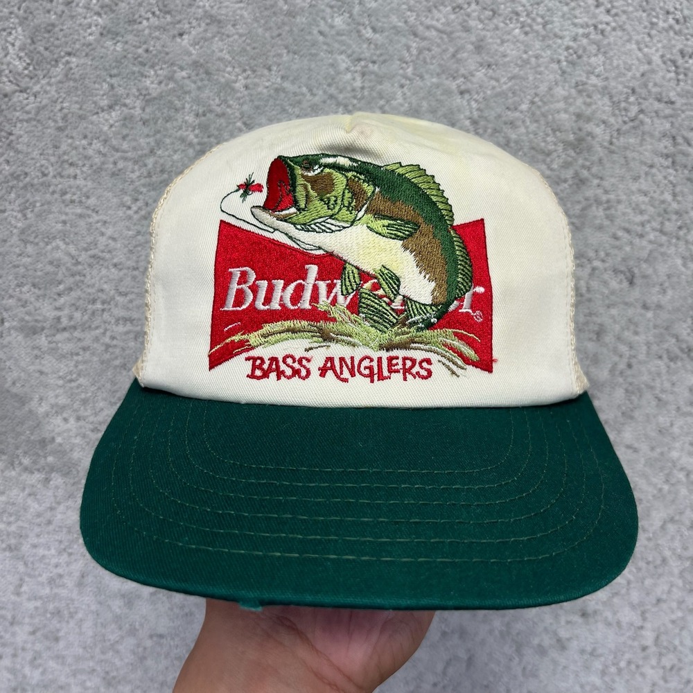 VINTAGE Budweiser Bass Anglers Trucker Hat Mens Green Cream Snapback Made in USA